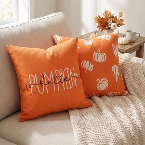 Fall Throw Pillow Covers 20x20 Set of 2 Pumpkin & Hello Pumpkin Designs - Farmhouse Decor