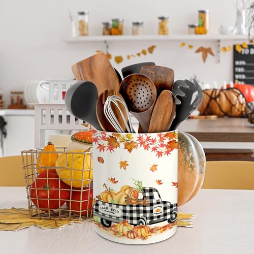 Fall Kitchen Decor Ceramic Truck Pumpkin Utensil Holder - Fall Truck Variation