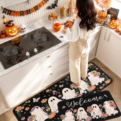 Halloween Ghost Kitchen Rugs and Mats Set - Non-Slip 17x47.2" + 17x30" - Spooky Holiday Decor