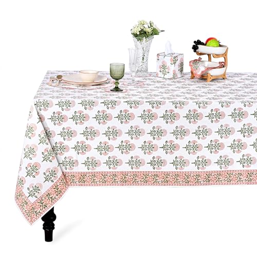 Ridhi Mughal Buta Peach Hand Block Print Square Tablecloth 60x60 Inch - Traditional Artisan Cotton Decor