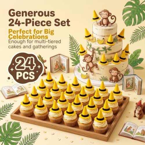 24 Yellow Felt Top Hat Cupcake Toppers - Party & Celebration Decorations