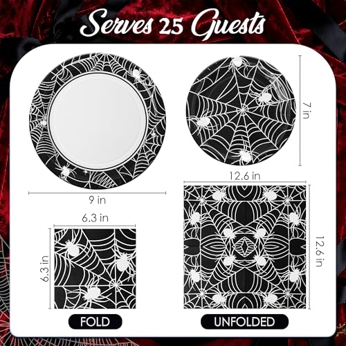 Black Spider Web Party Plates & Napkins Set for 25 Guests - 75 Pieces