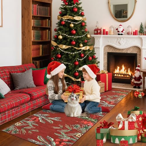 Christmas Entryway Rug 2x10 Botanical Leaf Runner Non-Slip Floor Mat - Pinecone-Red Variation