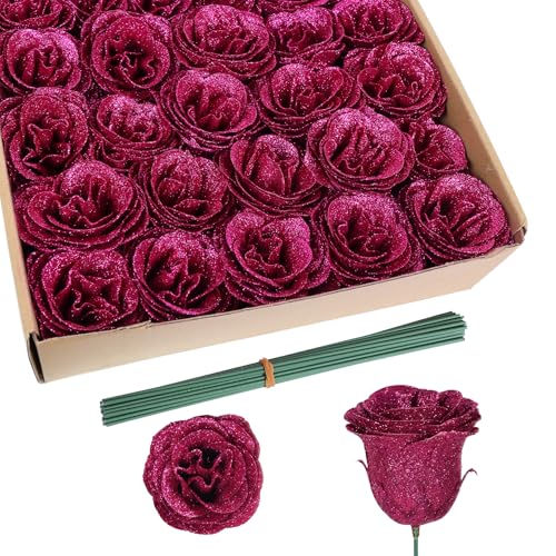 Artificial Glitter Roses with Stems - 30PCS Red Silk Flowers for Wedding & Home Decor