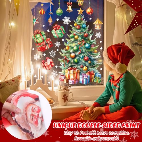 Christmas Window Clings Set - 4 Sheets Large Santa Snowman Holiday Decals for Glass & Mirrors