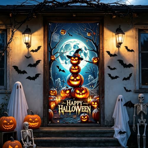Halloween Door Cover Pumpkin 80x36 Inch Scary Front Door Banner Polyester Fabric