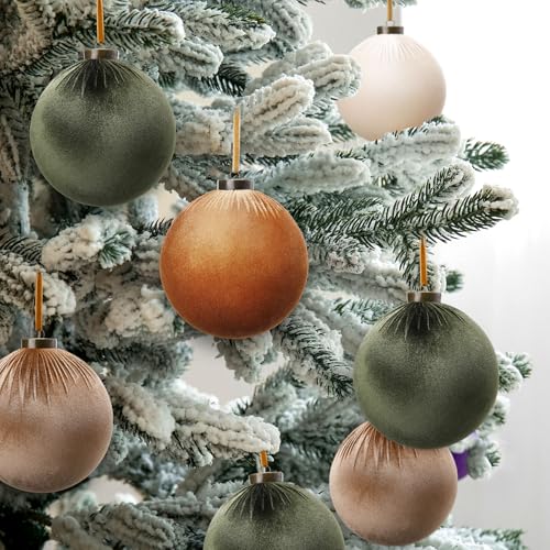 12-Pack Large Velvet Christmas Ornaments - Flocked Shatterproof Xmas Tree Balls - 6 Inch Green & Brown Variation