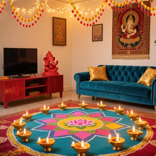 Orange Marigold Garland with Pearls for Diwali Decoration - 5Ft, 2 Pack