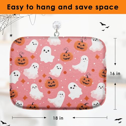 Halloween Pumpkin Dish Drying Mat - Absorbent Kitchen Counter Protector, 16 x 18 Inches, Pink Ghost Variation