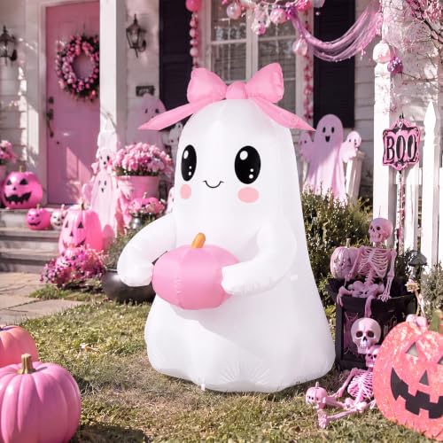 6 ft Pink Bow Inflatable Ghost Halloween Yard Decoration with LED Lights - Outdoor Friendly