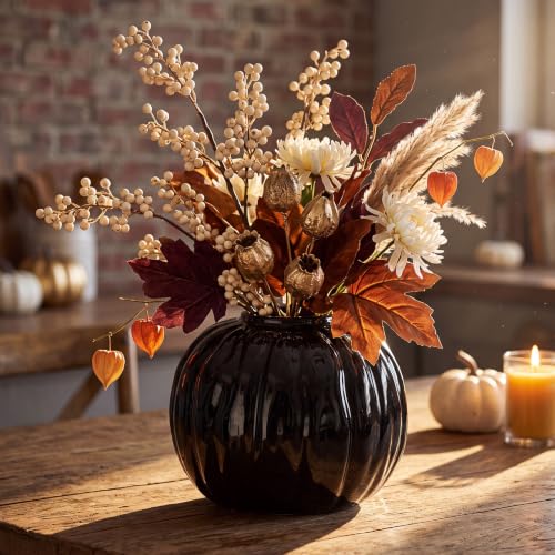 Black Pumpkin Flower Vase - 5.5-Inch Ceramic Fall Decor & Centerpiece