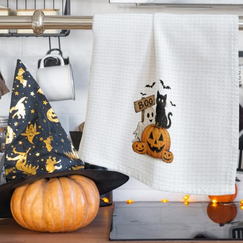 Halloween Kitchen Dish Towel Black Cat Pumpkin Ghost Waffle Weave Hand Towel - A23