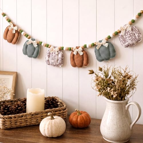 Fall Fabric Pumpkin Garland 8.2 ft - Orange, Green & Beige with Lace Bows
