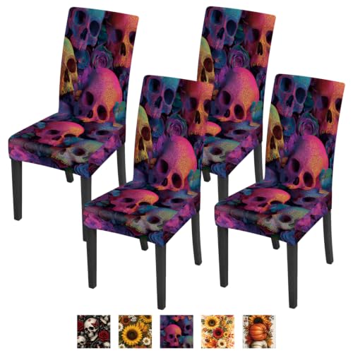 Set of 4 Colorful Skull Chair Covers Neon Gothic Halloween Decor - Variation #59
