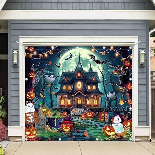 Halloween Garage Door Banner 8x7ft Cartoon Pumpkin Ghost Night Moon Decorations