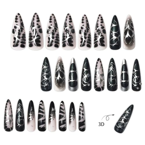 Halloween Long Stiletto Press-On Nails - Black Goth Fake Nail Set 24pcs - Multicolor-007211