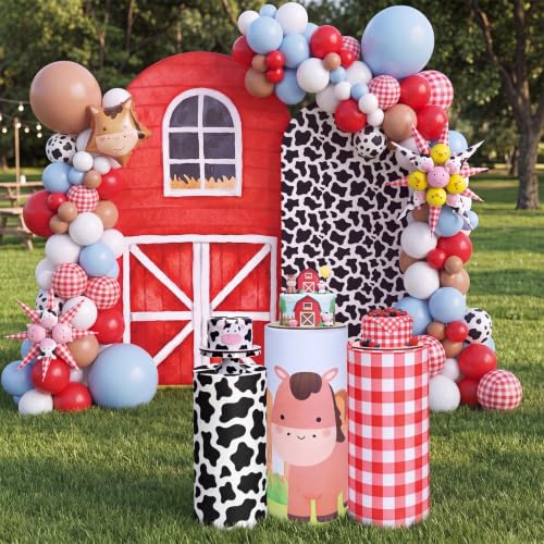 Farm Party Decoration Set with Barn Animal Spandex Arch Backdrop & Cylinder Pedestal Covers - Kids Event Decor