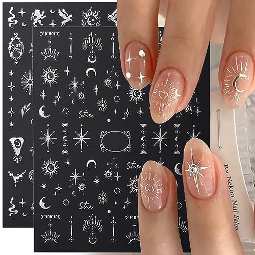 Silver Metallic Nail Stickers - 8 Sheets for DIY Art & Design, Moon Sun Stars Butterfly