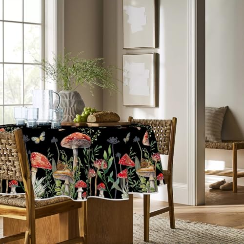 Horaldaily Mushroom Black Tablecloth 90 Inch Round - Durable Polyester