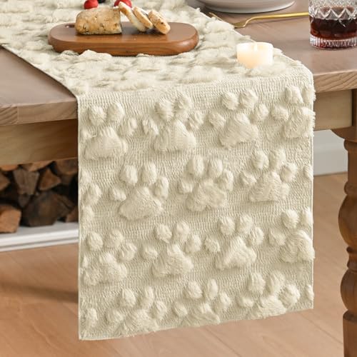 Beige Plush Faux Fur Pet Table Runner 13x72 Inch Home Decor