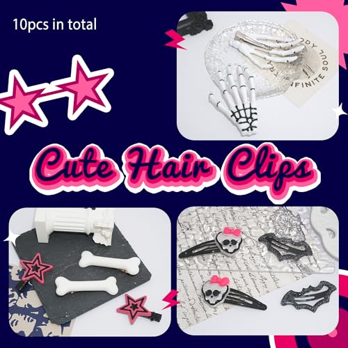 Black Light Punk Halloween Hair Clips 10pcs Y2K Pastel Goth Spooky Accessories
