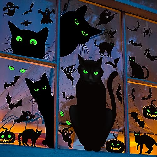 Halloween Window Clings Set - Black Cat, Pumpkin, Bats, Spiders Glow in Dark Decorations