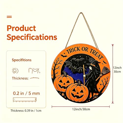 Halloween Front Door Decor Sign - Black Witch Pumpkin Bat Wood Hanging Plaque