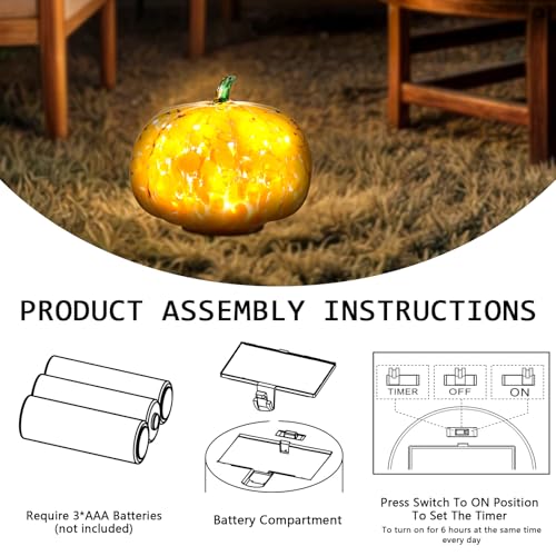 Glass Handcrafted Pumpkin with LED Lights - Fall Halloween Thanksgiving Decor, 5.9 Inch, Green Leaf Orange Variation