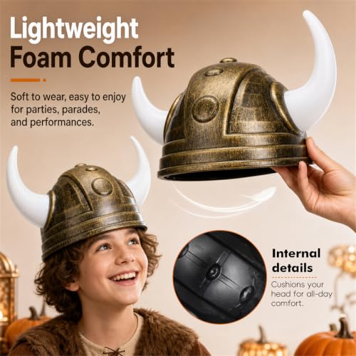 Golden Viking Helmet with Horns - Medieval Barbarian Warrior Party Hat for Kids & Adults
