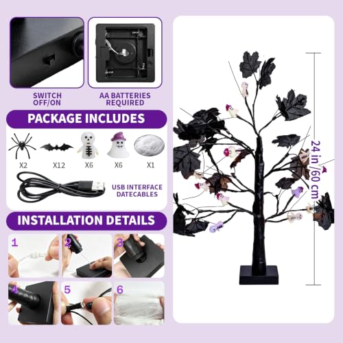 Halloween Indoor Tree with 24 Orange Purple LED Lights - Spooky Decor