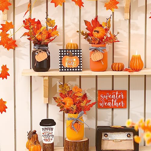 Fall Mason Jar Centerpieces with Pumpkin Leaf Wooden Sign - Rustic Home Decor