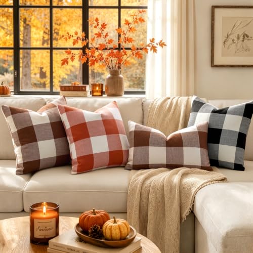 Fall Plaid Pillow Covers 16x16 Brown Pack of 2 - Farmhouse Decor
