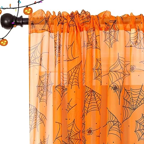 Halloween Sheer Curtains for Living Room - 52W x 63L Cobweb & Orange 2 Panel Set