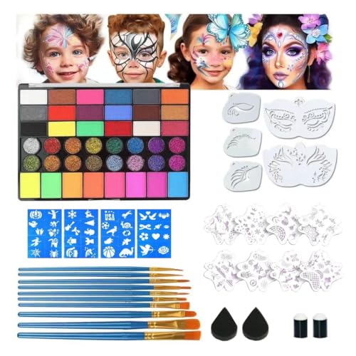 Kids & Adults Water-Activated Face Painting Kit - 42 Colors, Brushes & Stencils