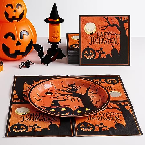 Black Pumpkin Halloween Paper Plates & Napkins Set - Serves 50, Bat & Cat Design