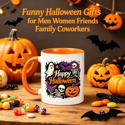 Halloween Coffee Mug - Happy Halloween Ghost Skeleton Pumpkin Bat Ceramic Cup - Spooky Cute 11oz