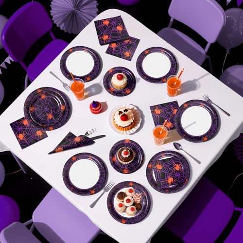 Halloween Party Decorations Set - Spider Web Plates & Napkins, Black Orange Purple Variation