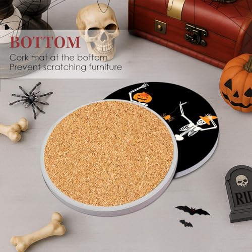 Halloween Coasters for Drinks - Set of 6 Ceramic Stone Pumpkins with Skull Variation