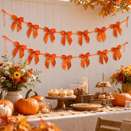 Orange Satin Bow Garland for Halloween Party & Seasonal Decorations - 2 Pack