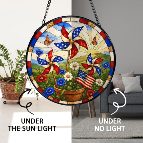 Patriotic Stained Glass Sun Catcher - 7.9 Inch American Flag Window Decor
