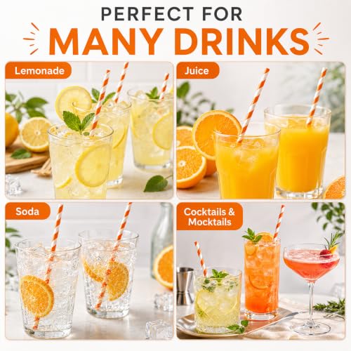 Orange Disposable Paper Straws - 100 Biodegradable Cocktail & Party Straws