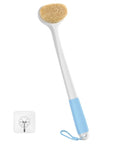 Back Scrubber for Shower with 17" Long Handle, Non-Slip Grip Dry Brushing Body Brush, Natural Boar Bristles Shower Brush for Lymphatic Drainage, for Men & Women Use - White with Blue Handle