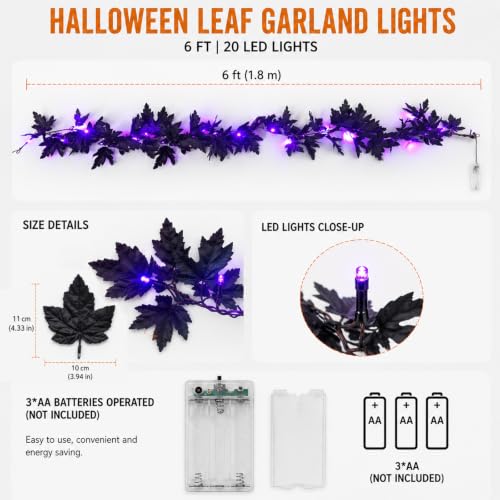 Black Halloween Garland with Purple String Lights - 6FT Battery Operated Decor