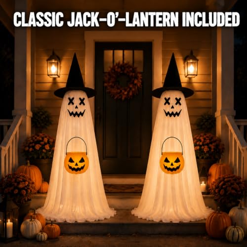 Outdoor Halloween Ghost Decorations - 2 Pack Light-Up, Adjustable Height 3-5 ft