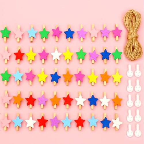 Colorful Wooden Photo Clips Wall Hanging Set - Style B, 50 Pieces