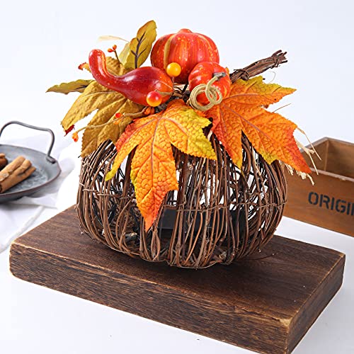 8-Inch Lighted Pumpkin Decor with Maple Leaves and Berries - Fall Table Centerpiece