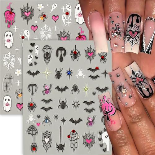Halloween Nail Stickers Set - 8 Sheets Spooky Ghost Bat Pumpkin Web Rhinestones - Variation of THIS listing