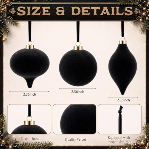 Velvet Christmas Ornaments Set - Black 12 Pcs 2.36 Inch Holiday Decor, Variation of THIS listing