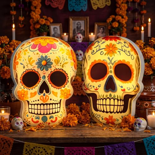 2-Pack Day of The Dead Skull Lanterns LED Sugar Skull Halloween Decor