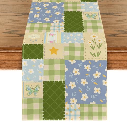 Green Patchwork Buffalo Plaid Floral Table Runner 13x120 Inch Spring Home Decor